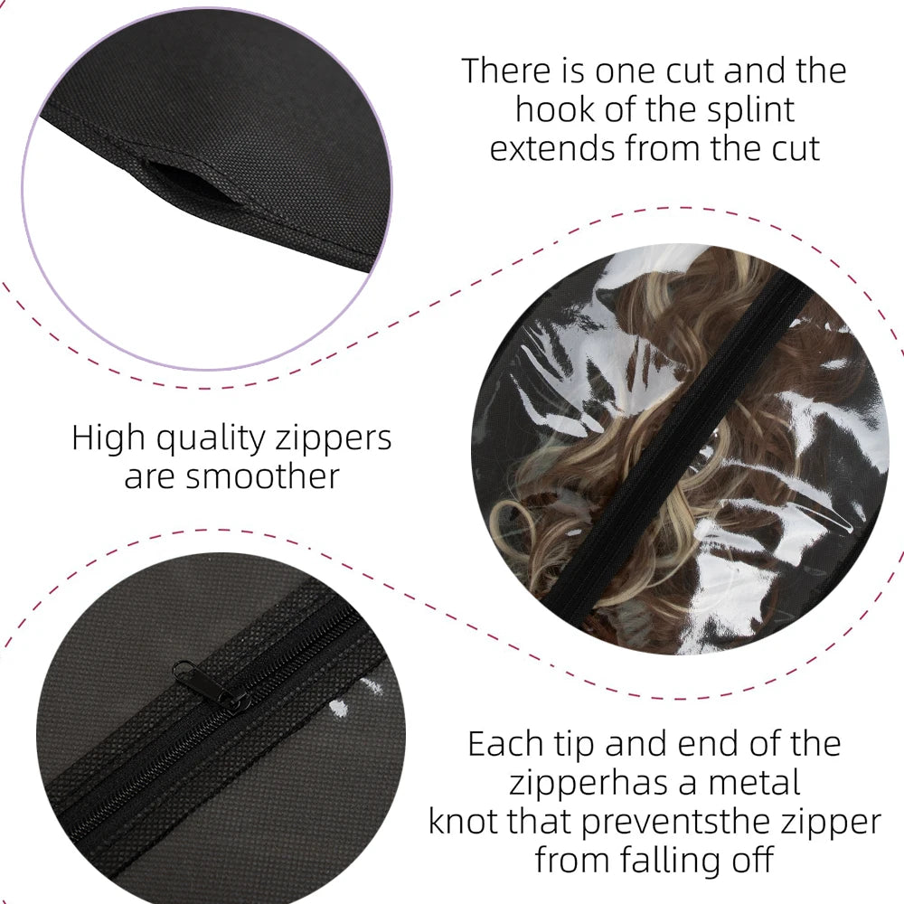 3pcs Premium Wig Storage Bags with Sturdy Metal Hangers - Black Transparent Design for Multiple Wigs & Hair Extensions