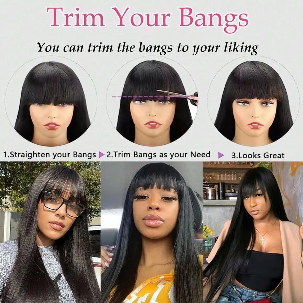 Bone Straight Human Hair Full Machine Made Wigs With Bangs 30 Inch High Density Black Wig Glueless Brazilian Wigs On Sale Women