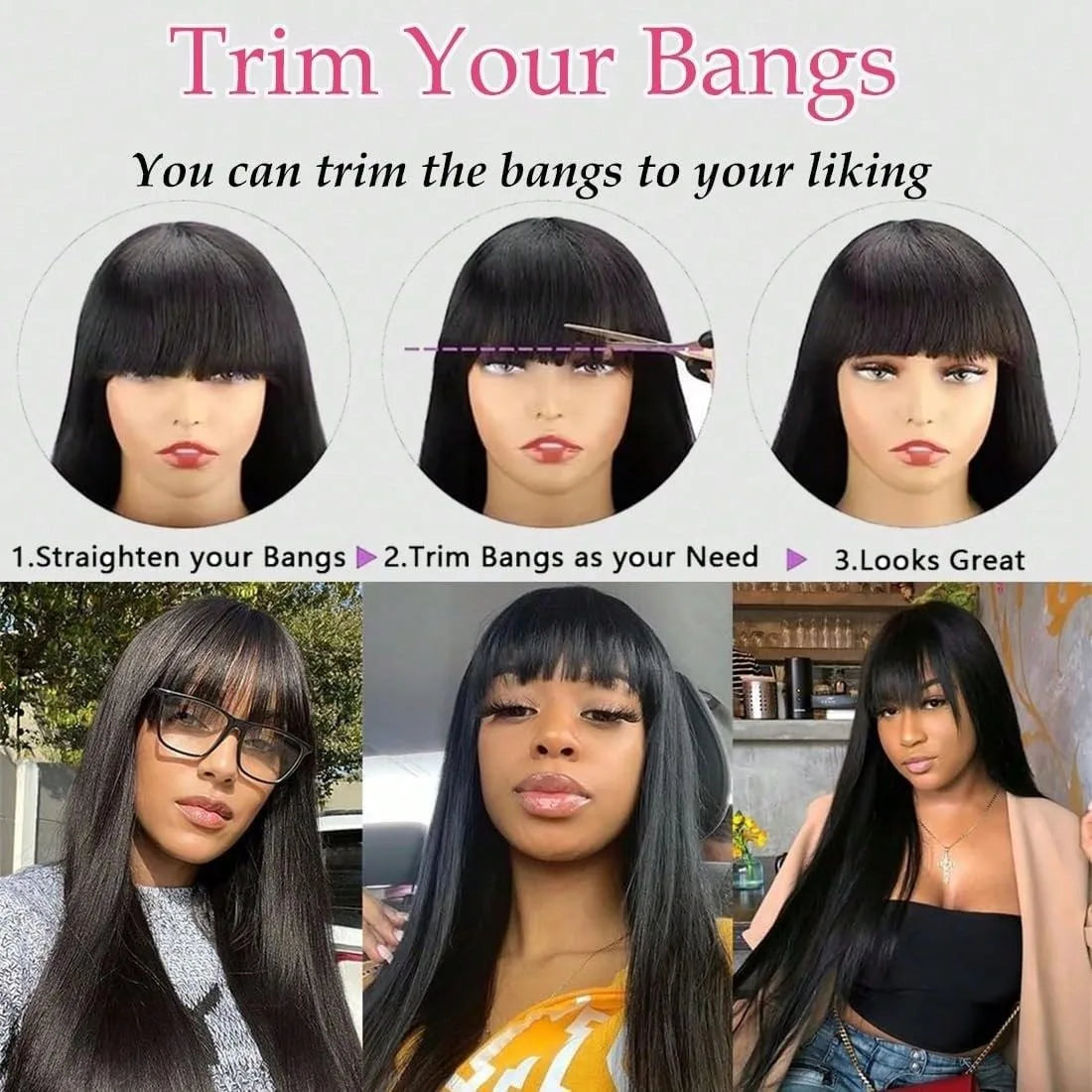 Bone Straight Human Hair Full Machine Made Wigs With Bangs 30 Inch High Density Black Wig Glueless Brazilian Wigs On Sale Women