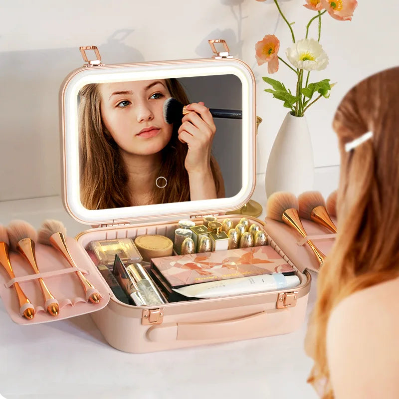 Large Capacity LED Lighted Makeup Case With Mirror Portable Detachable Cosmetic Storage Box Travel Makeup Box Cosmetic Bag