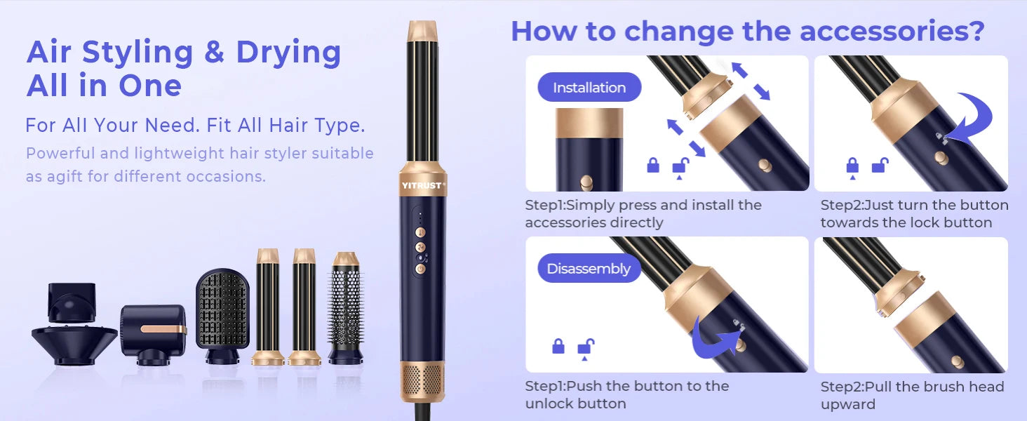 Brosse de sèche-cheveux 7 en 1 sans brosse Sèche-cheveux à grande vitesse avec diffuseur Sèche-cheveux ionique Peigne de coiffage à air chaud Bigoudis automatique