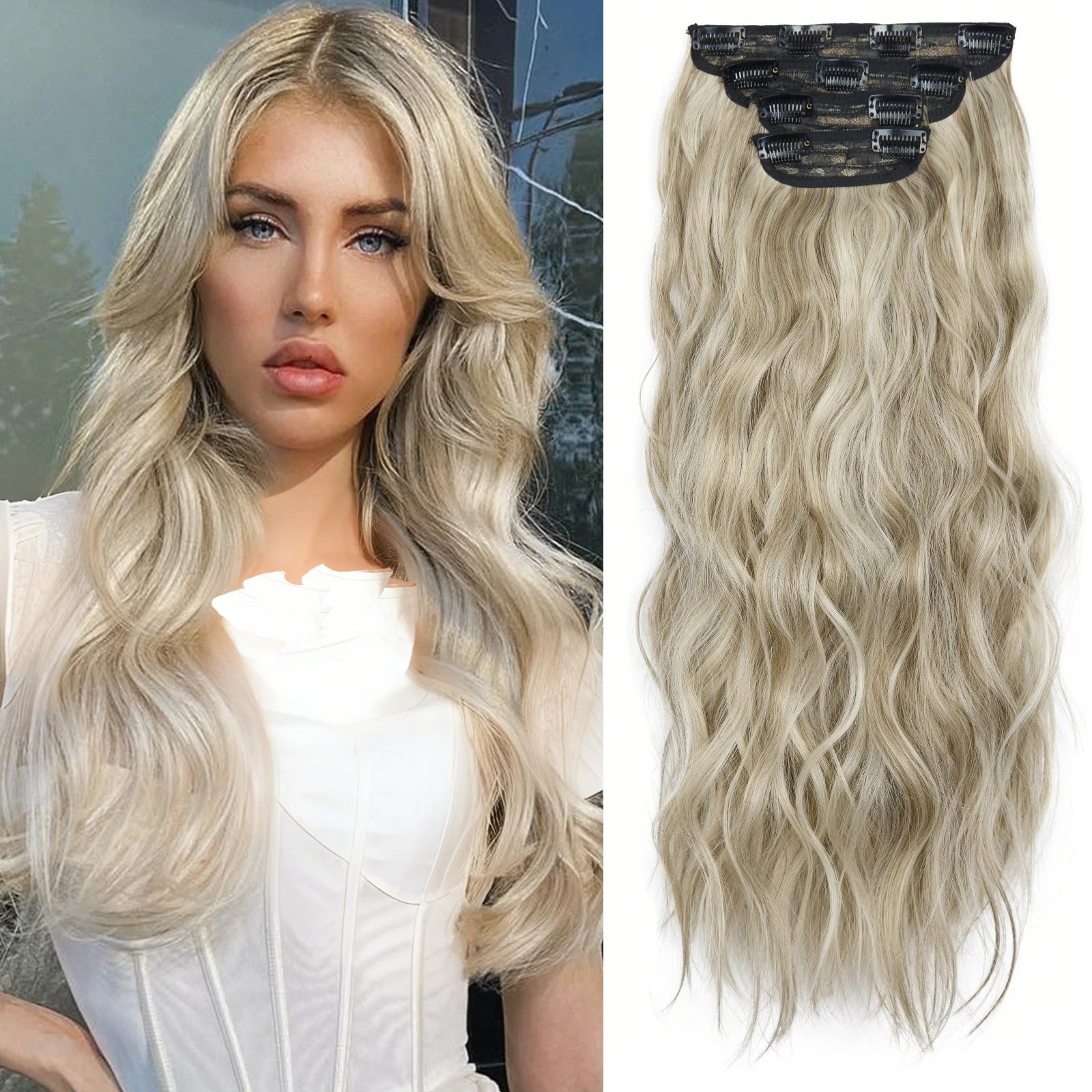4Pcs/Set 20 Pouces Pince À Cheveux Synthétique Dans De Longues Cheveux Épaisses Ondulées Pour Femmes Extensions De Cheveux