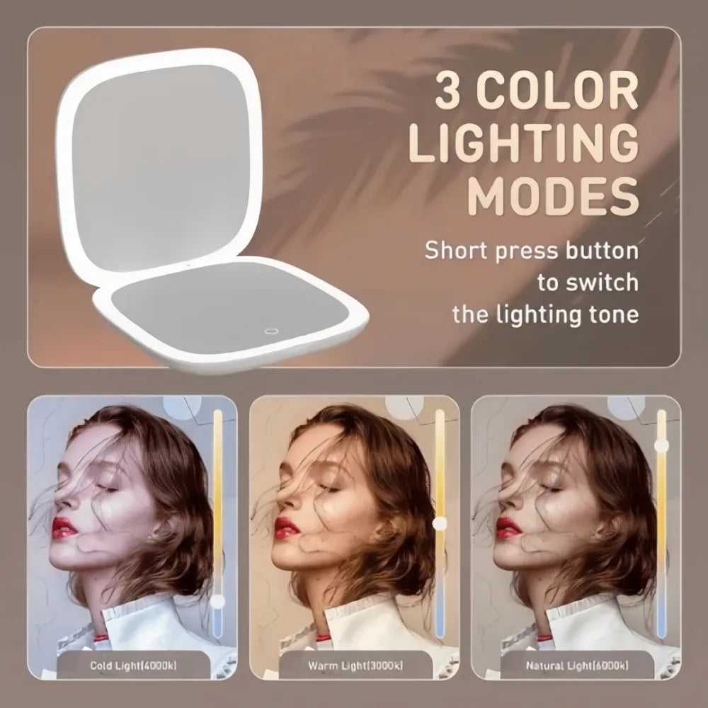 Double Sided LED Makeup Mirror Adjustable Color 3x Magnification USB Charging Portable Folding Mirror for Women's Outdoor Use