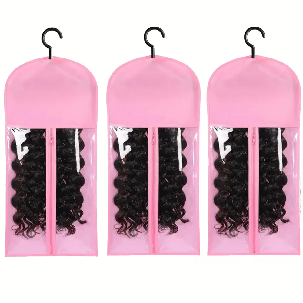3pcs Premium Wig Storage Bags with Sturdy Metal Hangers - Black Transparent Design for Multiple Wigs & Hair Extensions