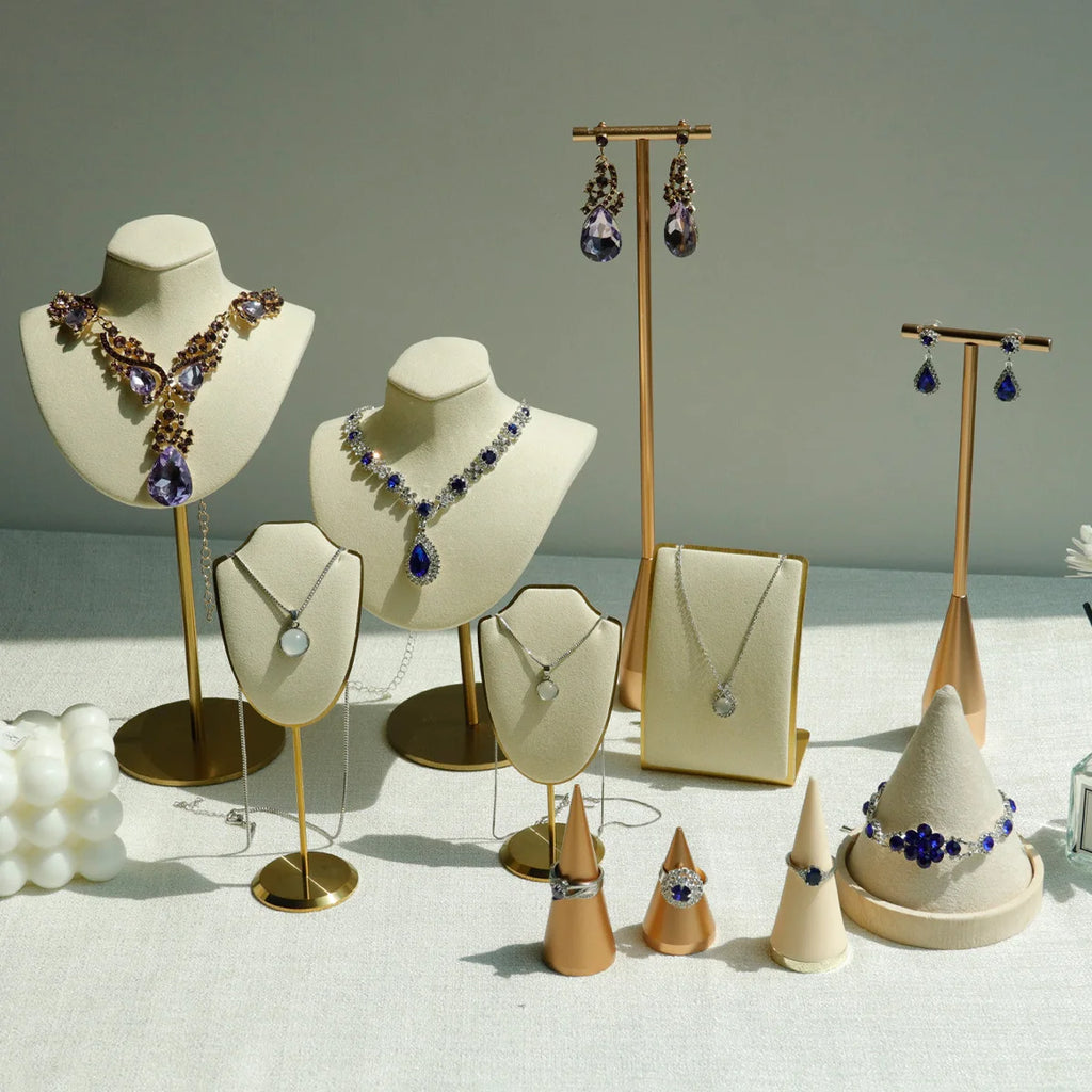 Beige Jewelry Display Props with Metal Base Earring Necklace Organizer Holder Jewelry Counter Earrings Rings Display Stand
