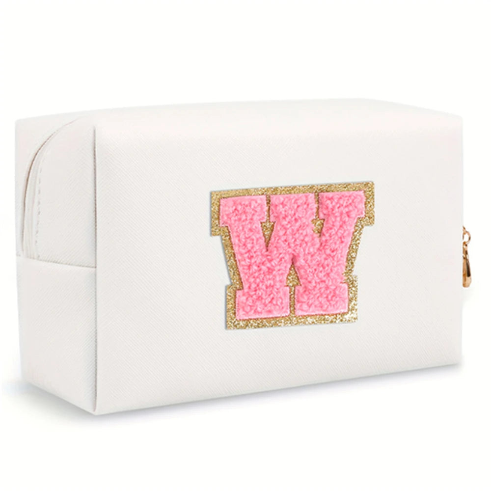 Initial letter patch makeup bag, Preppy portable zipper bag, PU leather waterproof travel wash bag,letter women's handbag-ll-LJX