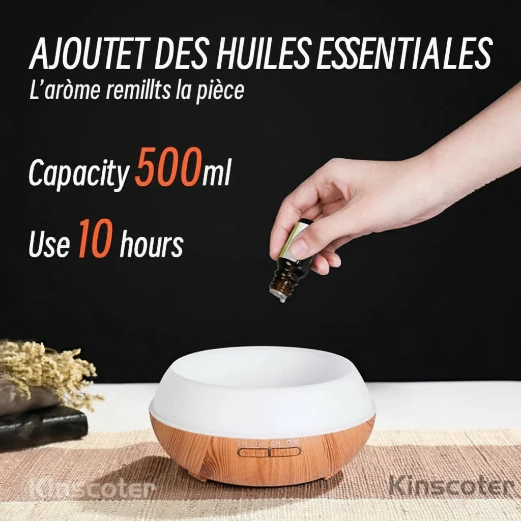Diffuseur d’huile essentielle d’aromathérapie de 500 ml de haute qualité Humidificateur d’air à ultrasons à télécommande de grain de bois avec 7 couleurs de lumière