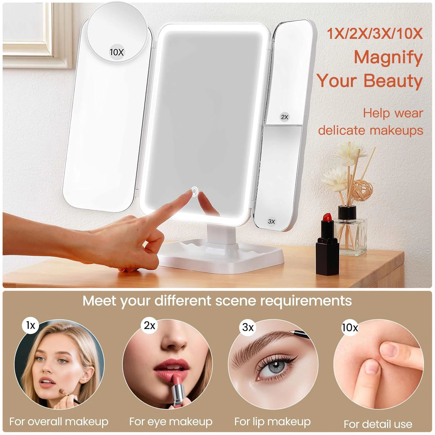 Lighted Makeup Mirror with 2X/3X/10X Magnification Rechargeable Trifold Vanity Mirror with 3 Color Lights Ideal Gifts for Women