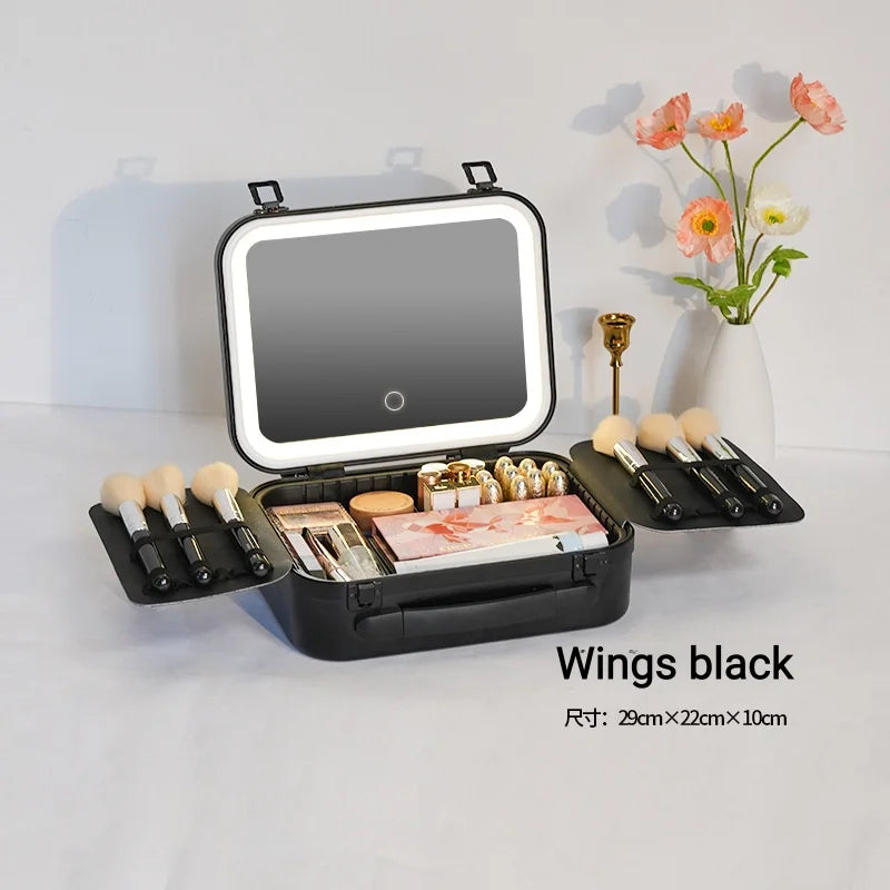 Large Capacity LED Lighted Makeup Case With Mirror Portable Detachable Cosmetic Storage Box Travel Makeup Box Cosmetic Bag