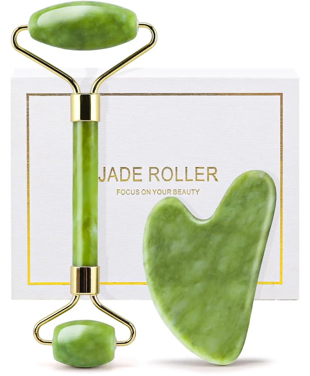 Skin Care Quartz Stone Natural Face Jade Roller Set Cooling Eye Gua Sha Tool Facial Beauty Massage For Face Jade Wheel  Green