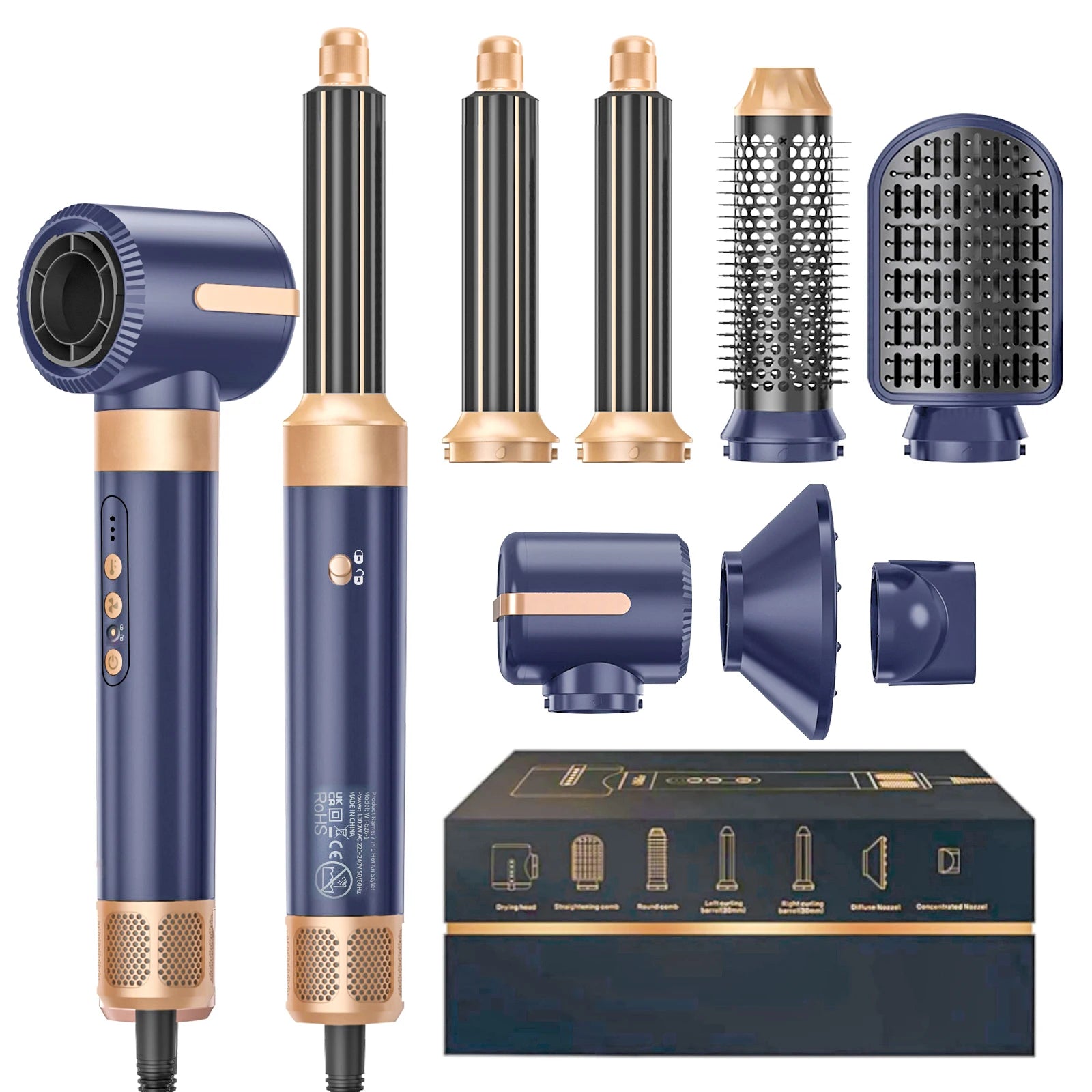 Brosse de sèche-cheveux 7 en 1 sans brosse Sèche-cheveux à grande vitesse avec diffuseur Sèche-cheveux ionique Peigne de coiffage à air chaud Bigoudis automatique