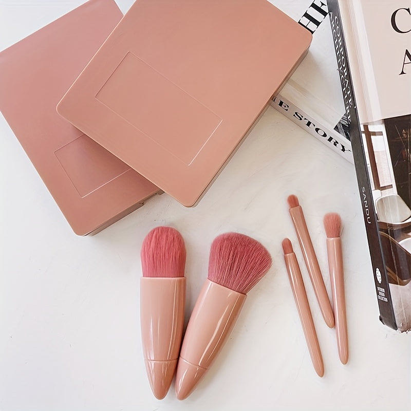 Ensemble de mini pinceaux de maquillage portables 5 pièces/ensemble avec miroir et étui - Poudre à cheveux en fibre douce et pinceaux