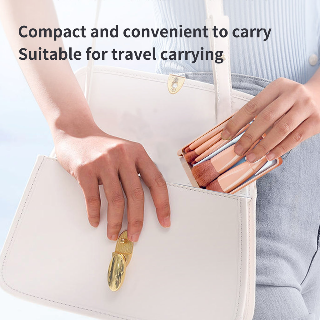 Ensemble de mini pinceaux de maquillage portables 5 pièces/ensemble avec miroir et étui - Poudre à cheveux en fibre douce et pinceaux