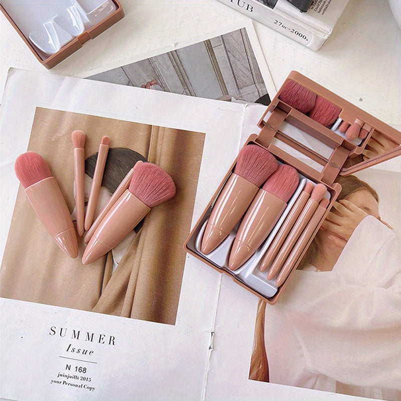 Ensemble de mini pinceaux de maquillage portables 5 pièces/ensemble avec miroir et étui - Poudre à cheveux en fibre douce et pinceaux