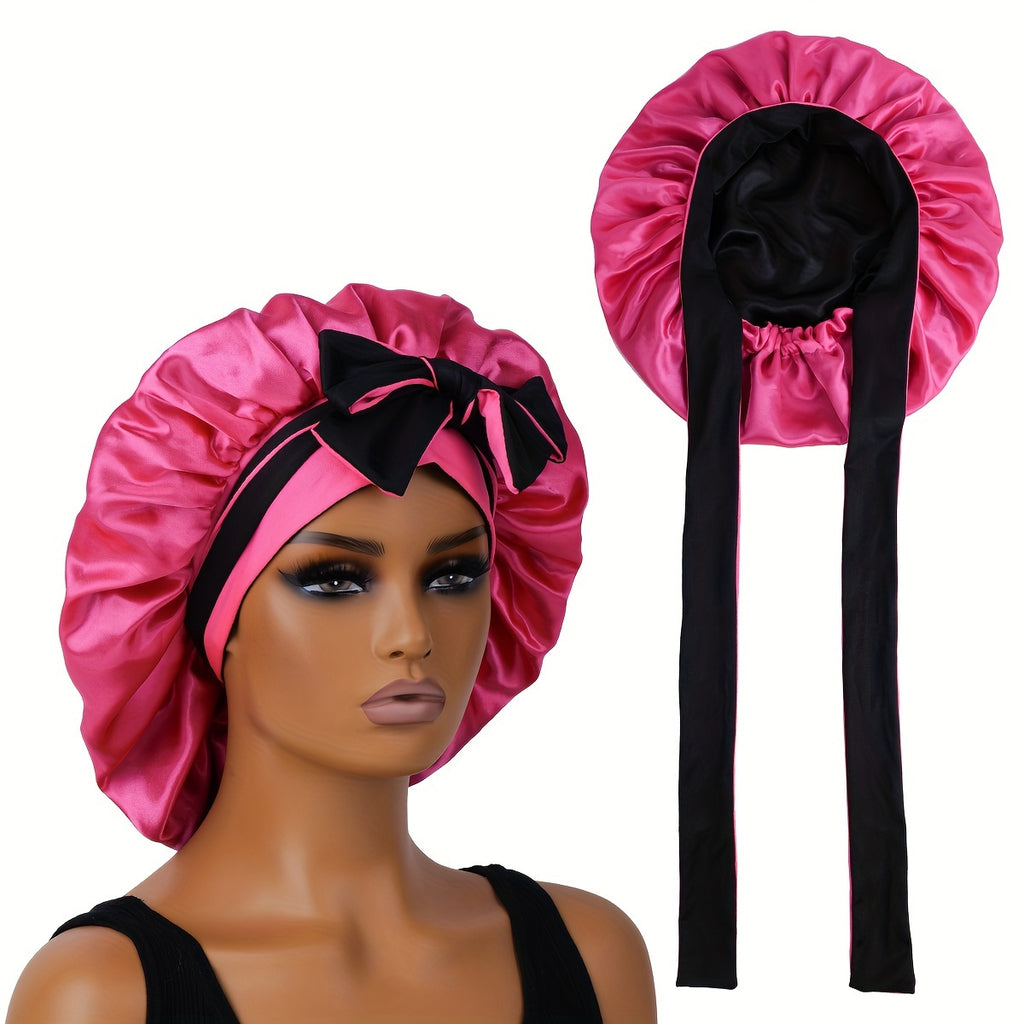 1pc Bonnet en satin de sommeil réversible à double couche avec longues bretelles, accessoire de soins capillaires pour femmes, outils capillaires de salon de beauté
