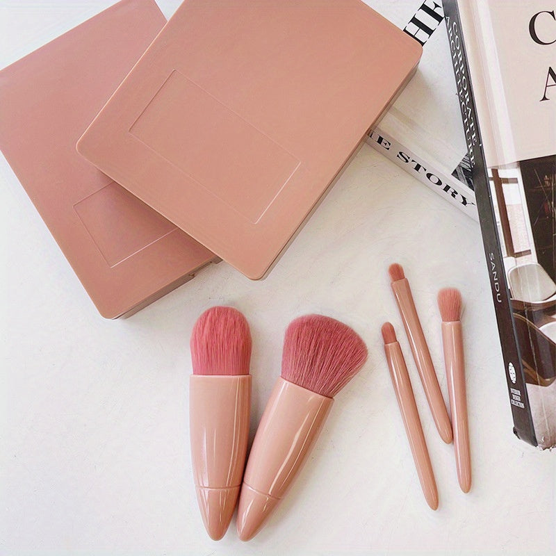 Ensemble de mini pinceaux de maquillage portables 5 pièces/ensemble avec miroir et étui - Poudre à cheveux en fibre douce et pinceaux