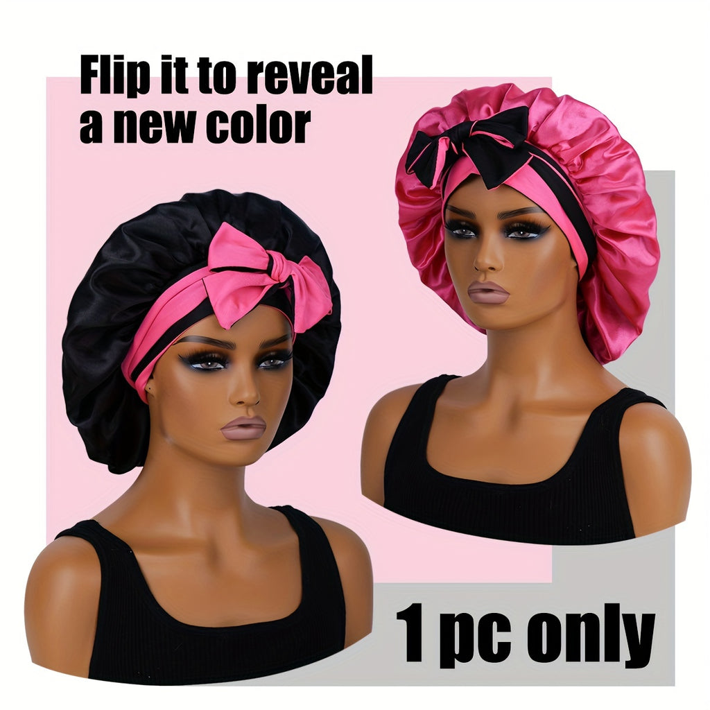 1pc Bonnet en satin de sommeil réversible à double couche avec longues bretelles, accessoire de soins capillaires pour femmes, outils capillaires de salon de beauté