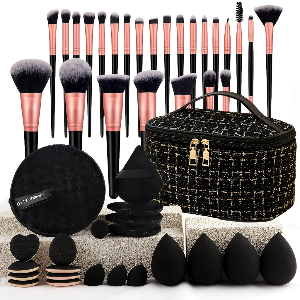 26pcs/47pcs de kit de maquillage complet noir tendance, sac de maquillage portable de grande capacité, pour répondre à tous vos besoins de beauté, cheveux en fibre douce pour beige clair sensible
